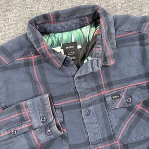 RVCA Shirt Regular Fit Blue Red Plaid Flannel Lined Hawaiian Print Men's